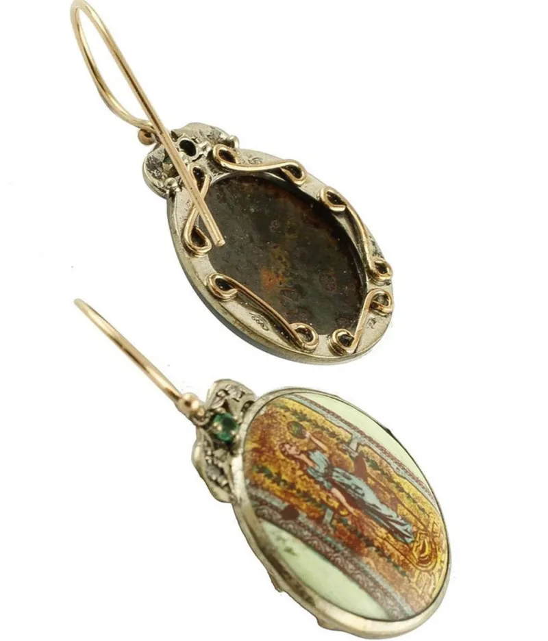 Pamono Rose Gold and Silver Dangle Earrings with Painted Hard Stones, Emeralds and Diamonds, Set of 2> Earrings