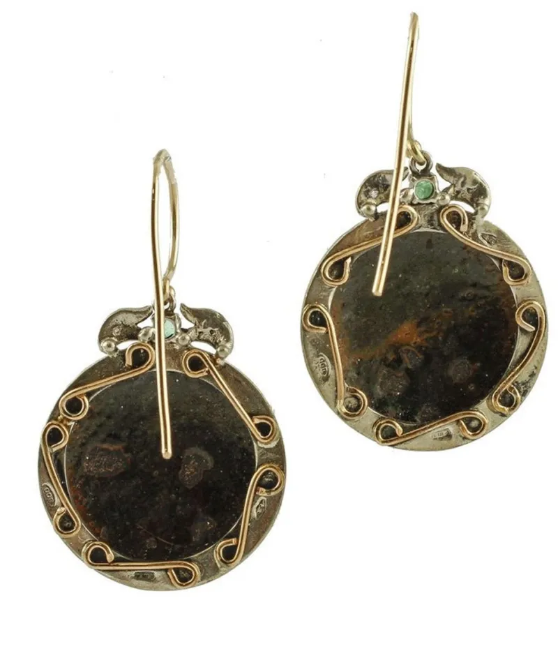 Pamono Rose Gold and Silver Dangle Earrings with Painted Hard Stones, Emeralds and Diamonds, Set of 2> Earrings