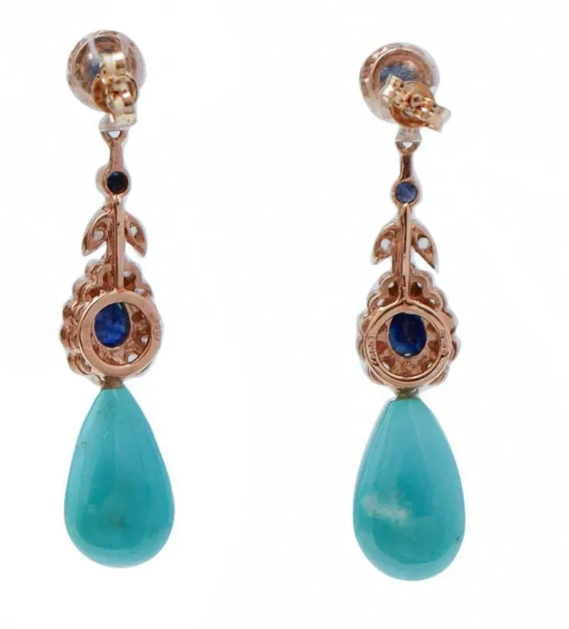 Pamono Rose Gold and Silver Earrings with Turquoise, Sapphires and Diamonds, Set of 2> Earrings