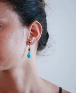 Pamono Rose Gold and Silver Earrings with Turquoise, Sapphires and Diamonds, Set of 2><noscript><img width=
