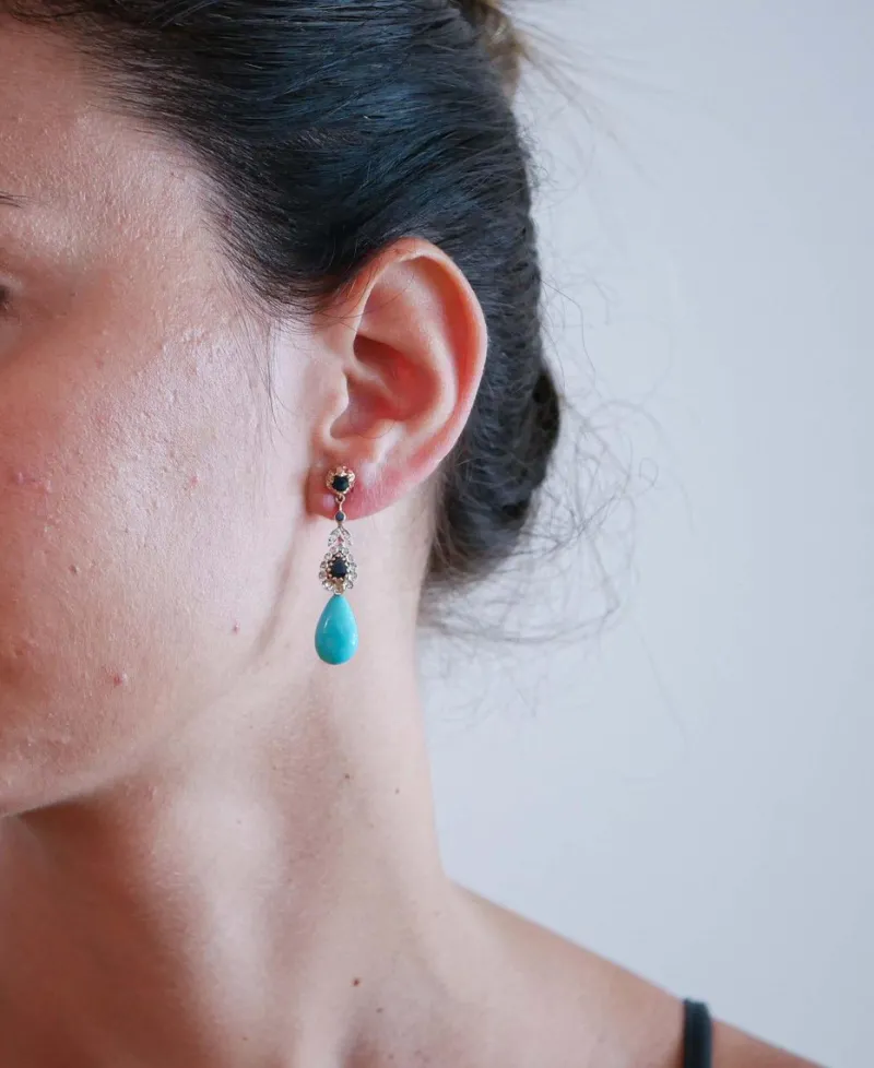 Pamono Rose Gold and Silver Earrings with Turquoise, Sapphires and Diamonds, Set of 2> Earrings