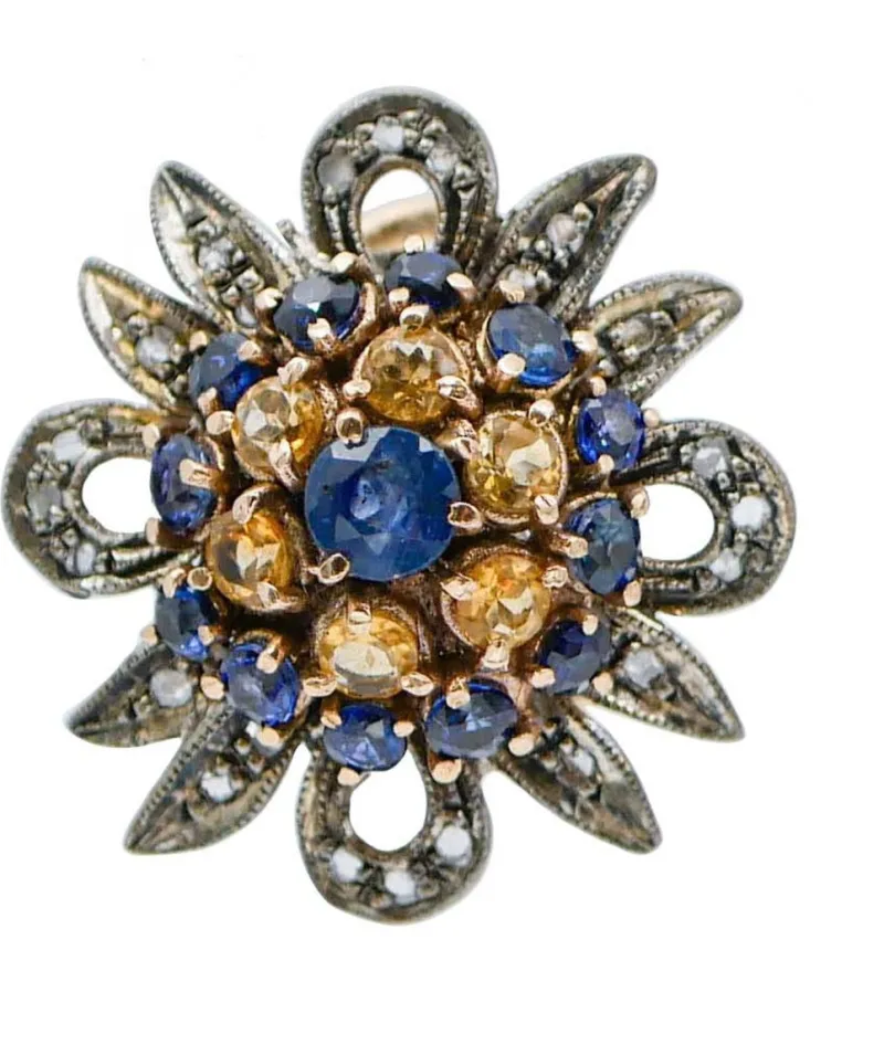 Pamono Rose Gold and Silver Earrings with Yellow and Blue Sapphires and Diamonds, Set of 2> Earrings