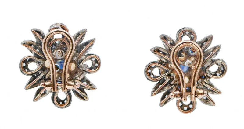 Pamono Rose Gold and Silver Earrings with Yellow and Blue Sapphires and Diamonds, Set of 2> Earrings