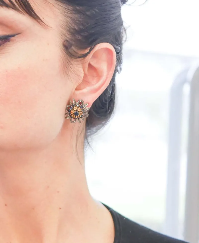 Pamono Rose Gold and Silver Earrings with Yellow and Blue Sapphires and Diamonds, Set of 2> Earrings