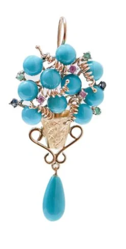 Pamono Rose Gold and Silver Earrings with Turquoise, Rubies, Emeralds and Sapphires, Set of 2> Earrings