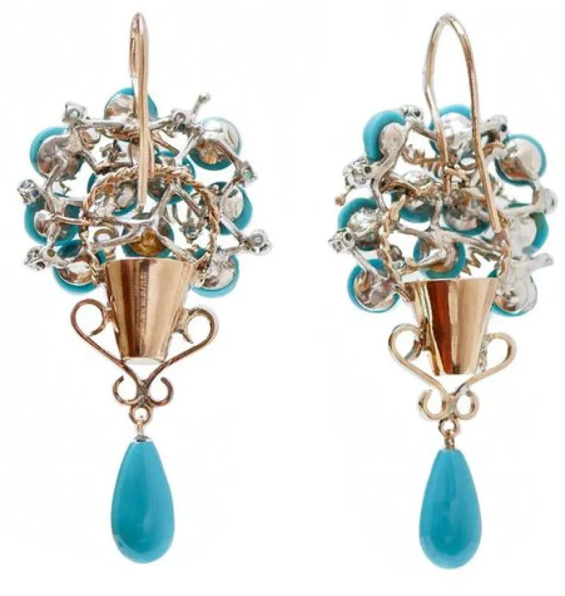 Pamono Rose Gold and Silver Earrings with Turquoise, Rubies, Emeralds and Sapphires, Set of 2> Earrings