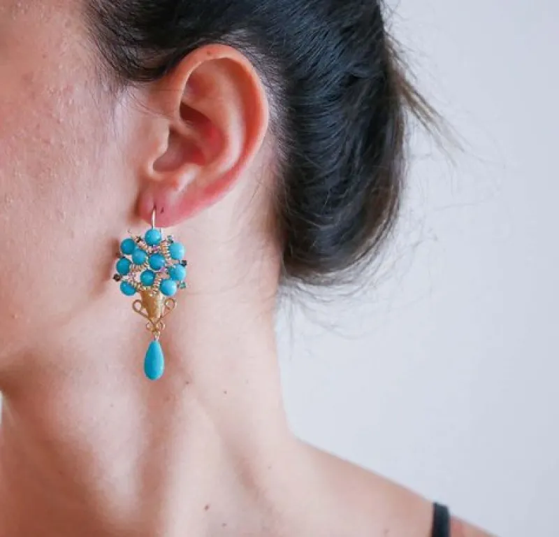 Pamono Rose Gold and Silver Earrings with Turquoise, Rubies, Emeralds and Sapphires, Set of 2> Earrings