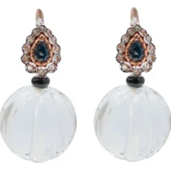 Hot Pamono Rose Gold and Silver Earrings with Rock Crystal, Onyx, Diamonds and Sapphires, Set of 2