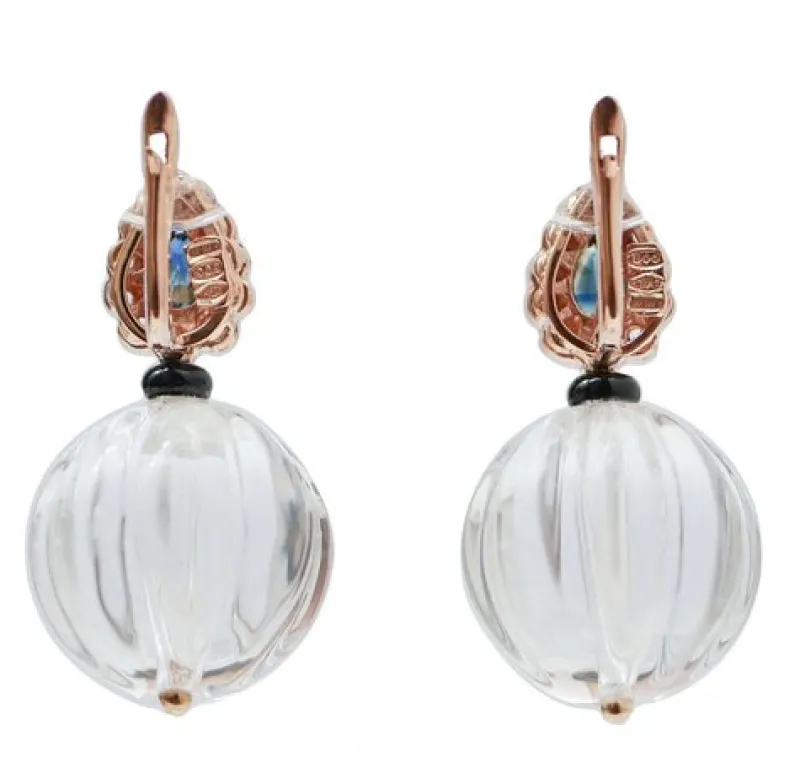Hot Pamono Rose Gold and Silver Earrings with Rock Crystal, Onyx, Diamonds and Sapphires, Set of 2
