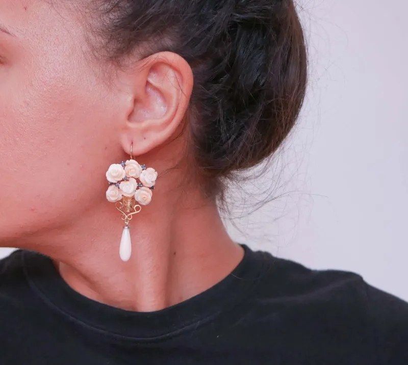 Pamono Rose Gold and Silver Earrings with Coral and Sapphires, Set of 2> Earrings