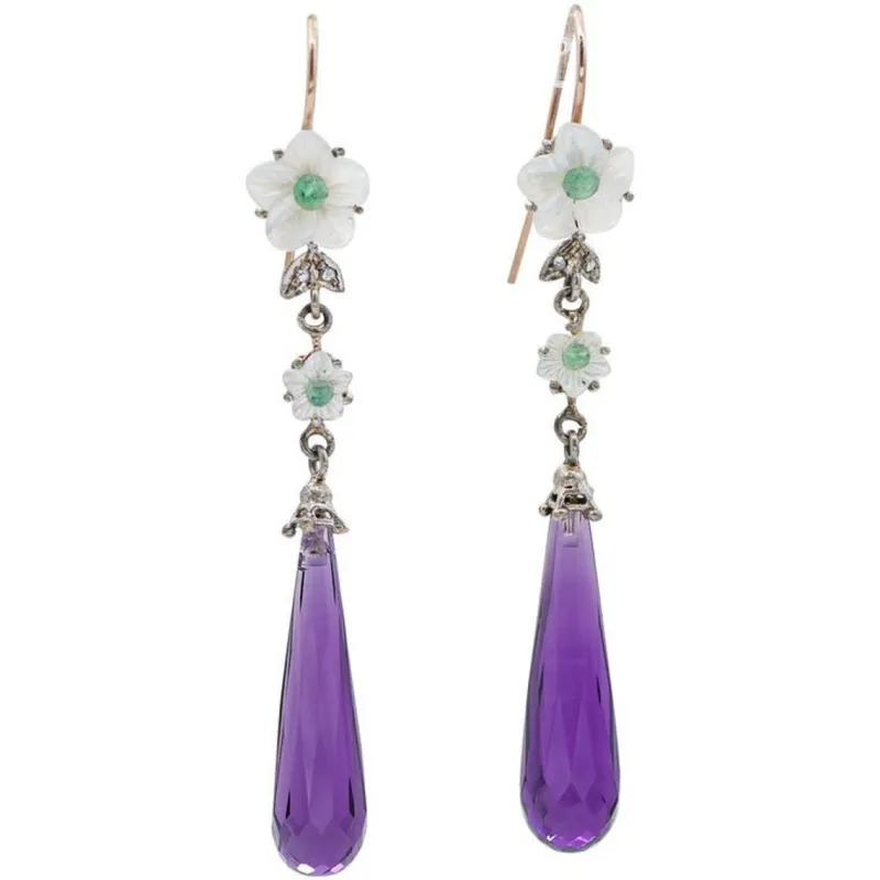 New Pamono Rose Gold and Silver Earrings with Amethysts, Emeralds, Diamonds and White Stones, Set of 2