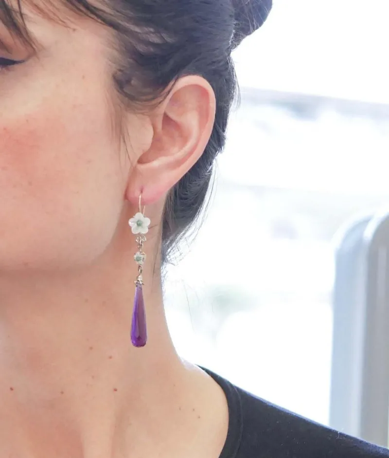 New Pamono Rose Gold and Silver Earrings with Amethysts, Emeralds, Diamonds and White Stones, Set of 2