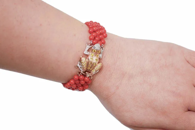 Pamono Rose Gold and Silver Frog Bracelet with Coral and Diamonds> Bracelets