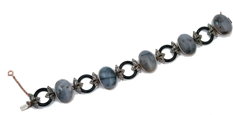 Pamono Rose Gold and Silver Link Bracelet with Diamonds and Moss Agate> Bracelets