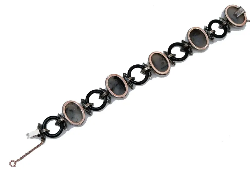 Pamono Rose Gold and Silver Link Bracelet with Diamonds and Moss Agate> Bracelets