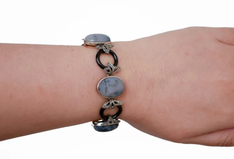 Pamono Rose Gold and Silver Link Bracelet with Diamonds and Moss Agate> Bracelets