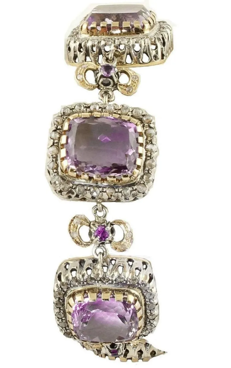 Pamono Rose Gold and Silver Link Bracelet with Amethysts and Diamonds> Bracelets