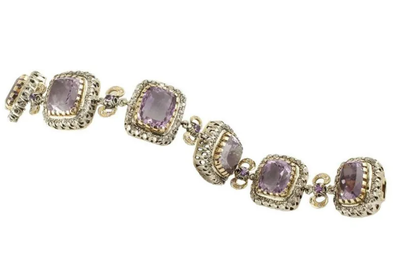 Pamono Rose Gold and Silver Link Bracelet with Amethysts and Diamonds> Bracelets