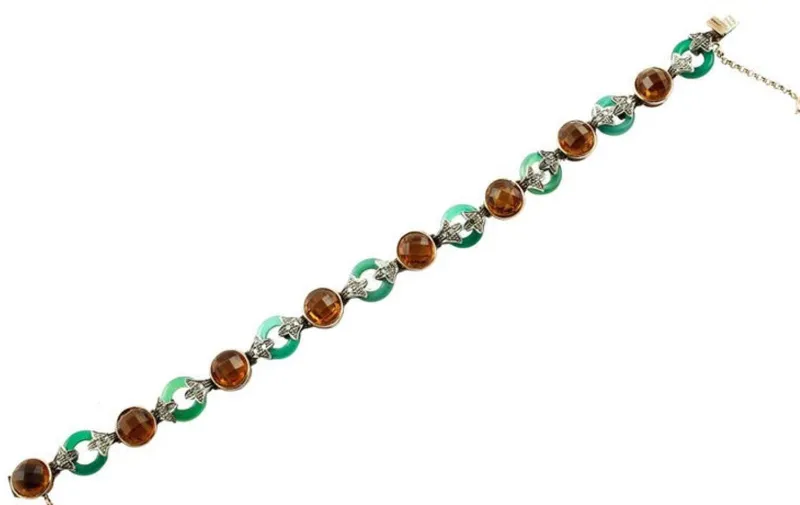 Pamono Rose Gold and Silver Link Bracelet with Diamonds and Green Agate