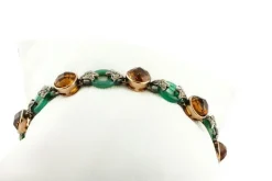 Pamono Rose Gold and Silver Link Bracelet with Diamonds and Green Agate