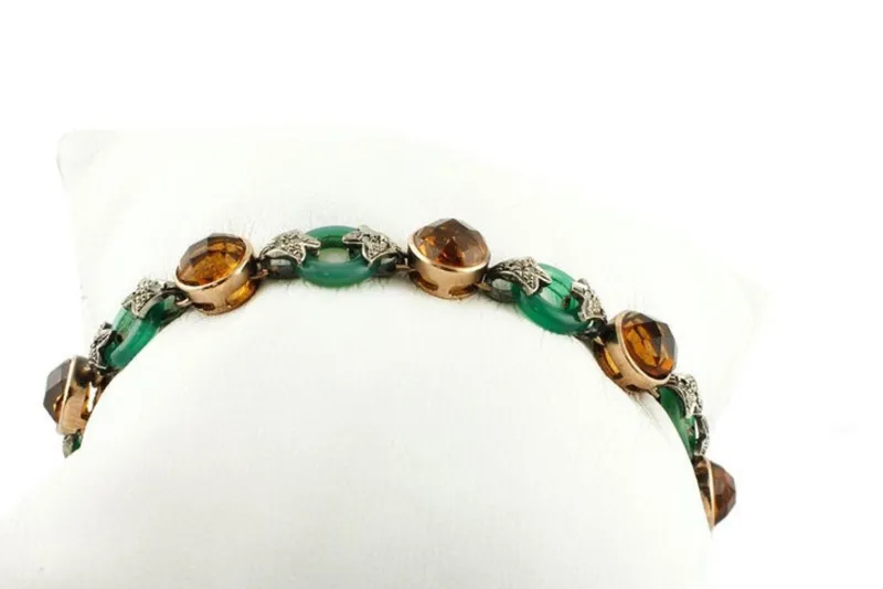 Pamono Rose Gold and Silver Link Bracelet with Diamonds and Green Agate