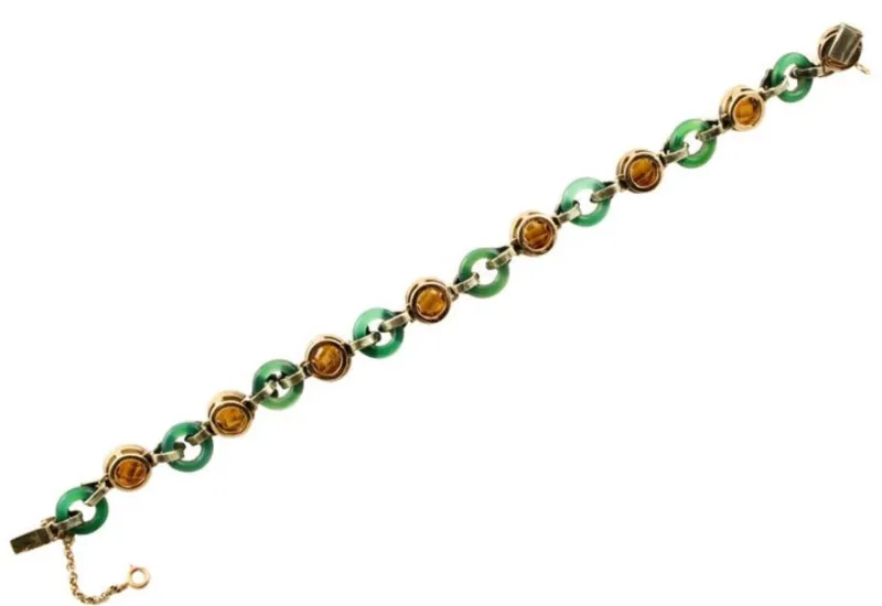Pamono Rose Gold and Silver Link Bracelet with Diamonds and Green Agate