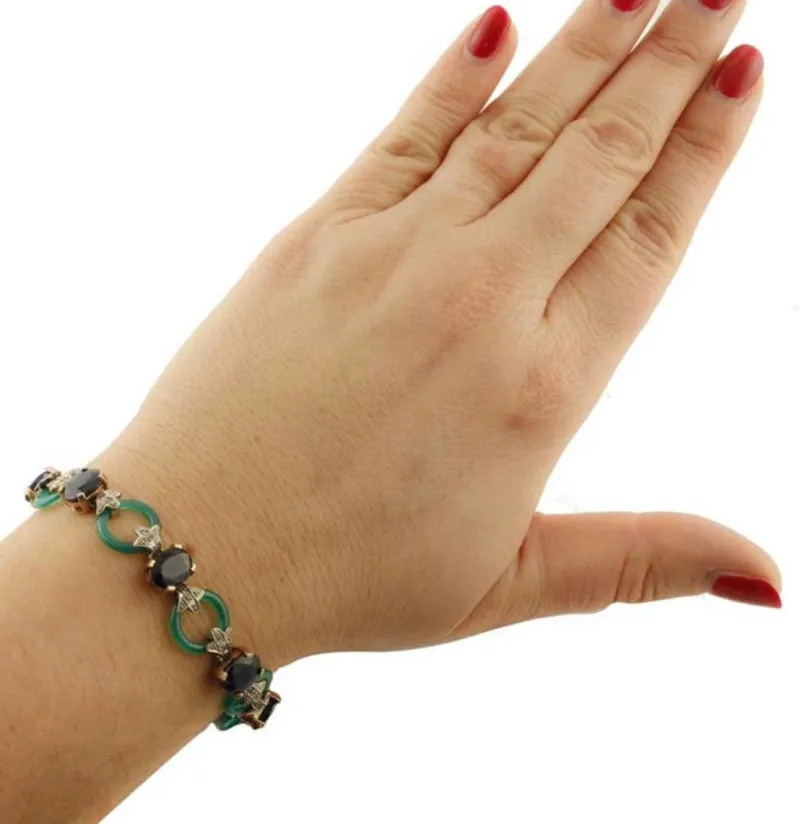 Pamono Rose Gold and Silver Link Bracelet with Diamonds and Sapphires and Green Agate> Bracelets