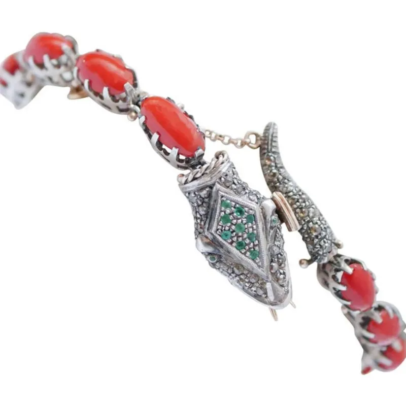 Discount Pamono Rose Gold and Silver Snake Bracelet with Coral and Diamonds