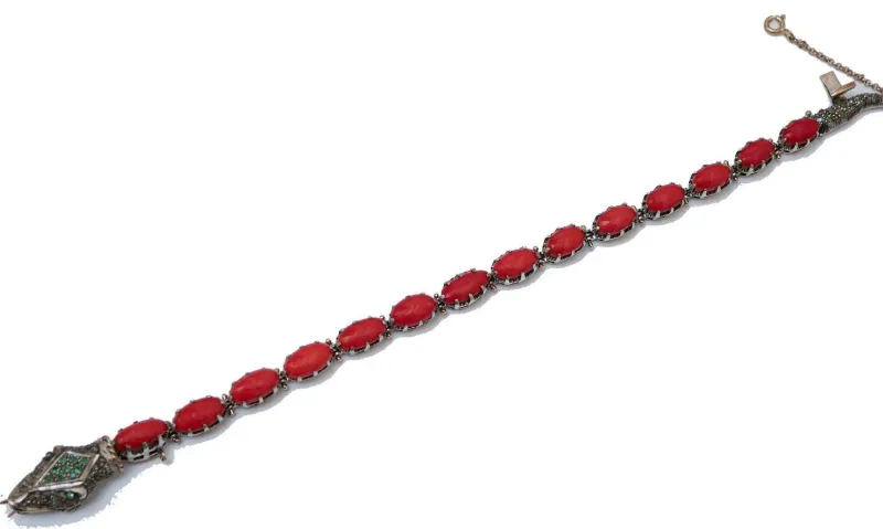 Discount Pamono Rose Gold and Silver Snake Bracelet with Coral and Diamonds