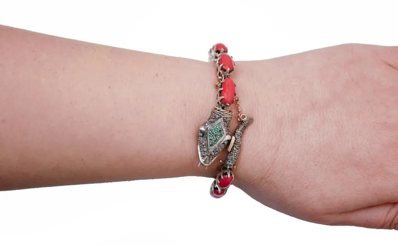 Discount Pamono Rose Gold and Silver Snake Bracelet with Coral and Diamonds
