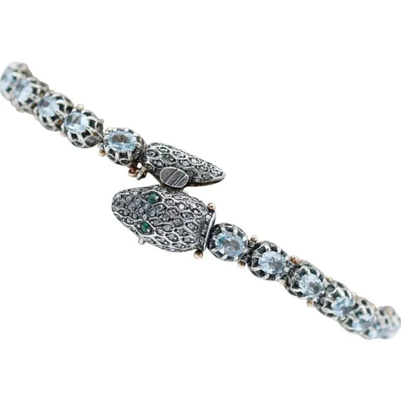 Best Pamono Rose Gold and Silver Snake Bracelet with Diamonds, Topaz and Tsavorite