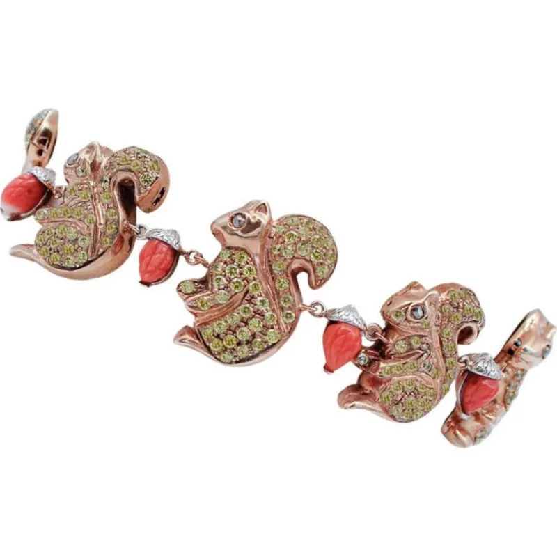 Pamono Rose Gold and Silver Squirrel Bracelet with Coral and Diamonds> Bracelets