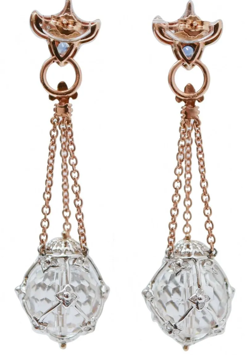 Pamono Rose Gold and White Gold Earrings with Rock Crystal, Diamonds and Sapphires, Set of 2> Earrings