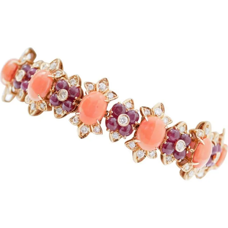 Clearance Pamono Rose Gold Bracelet with Coral, Rubies and Diamonds