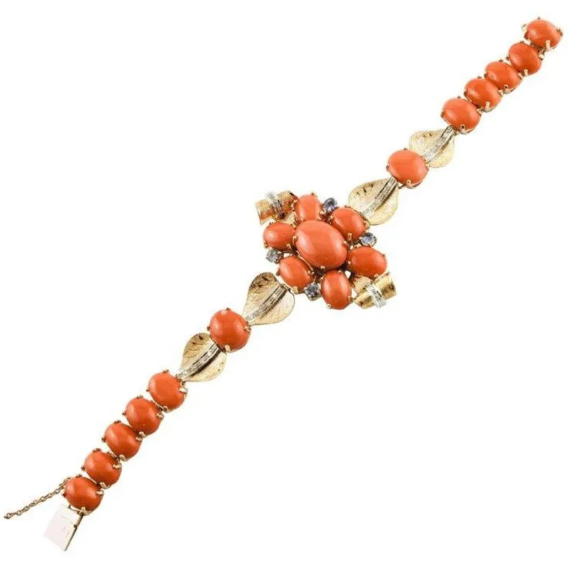 Sale Pamono Rose Gold Bracelet with Corals and Diamonds