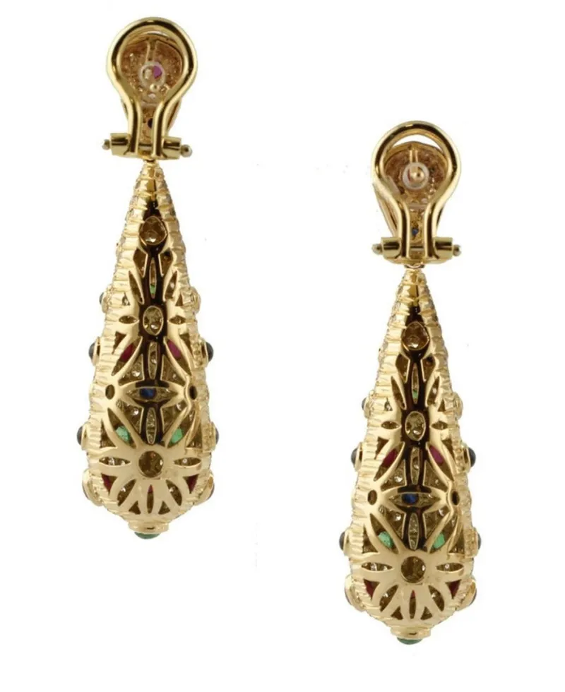 Hot Pamono Rose Gold Cocktail Earrings with Rubies, Emeralds, Sapphires and Diamonds, Set of 2