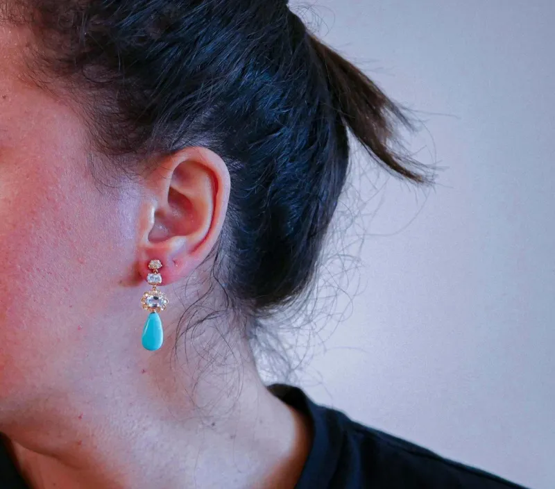 Discount Pamono Rose Gold Earrings with Turquoises, Aquamarine Topazs and Diamonds, Set of 2