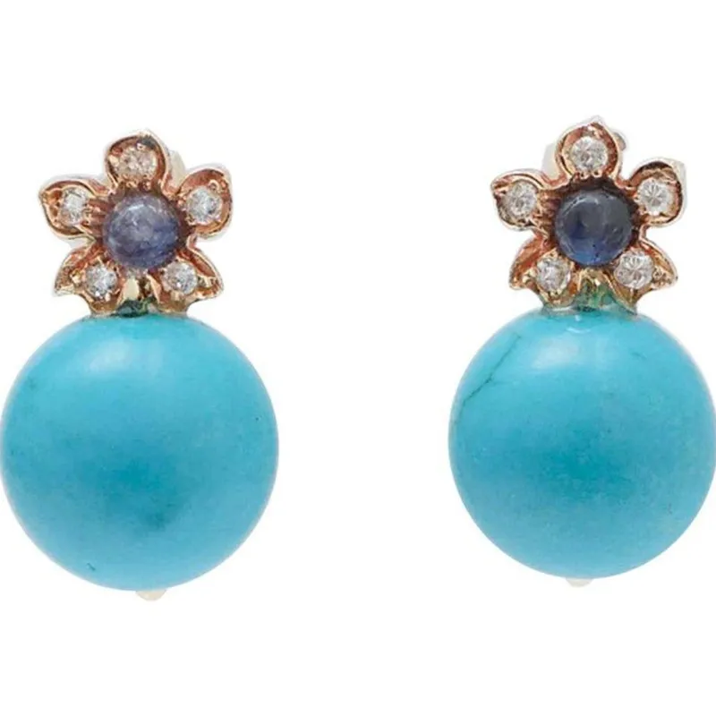 New Pamono Rose Gold Flower Earrings with Magnesite, Sapphires and Diamonds, Set of 2