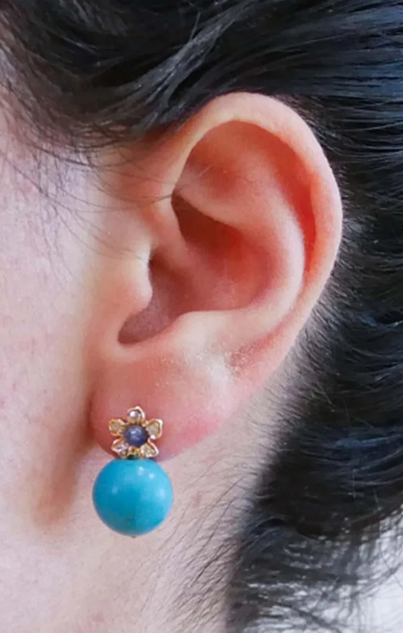 New Pamono Rose Gold Flower Earrings with Magnesite, Sapphires and Diamonds, Set of 2