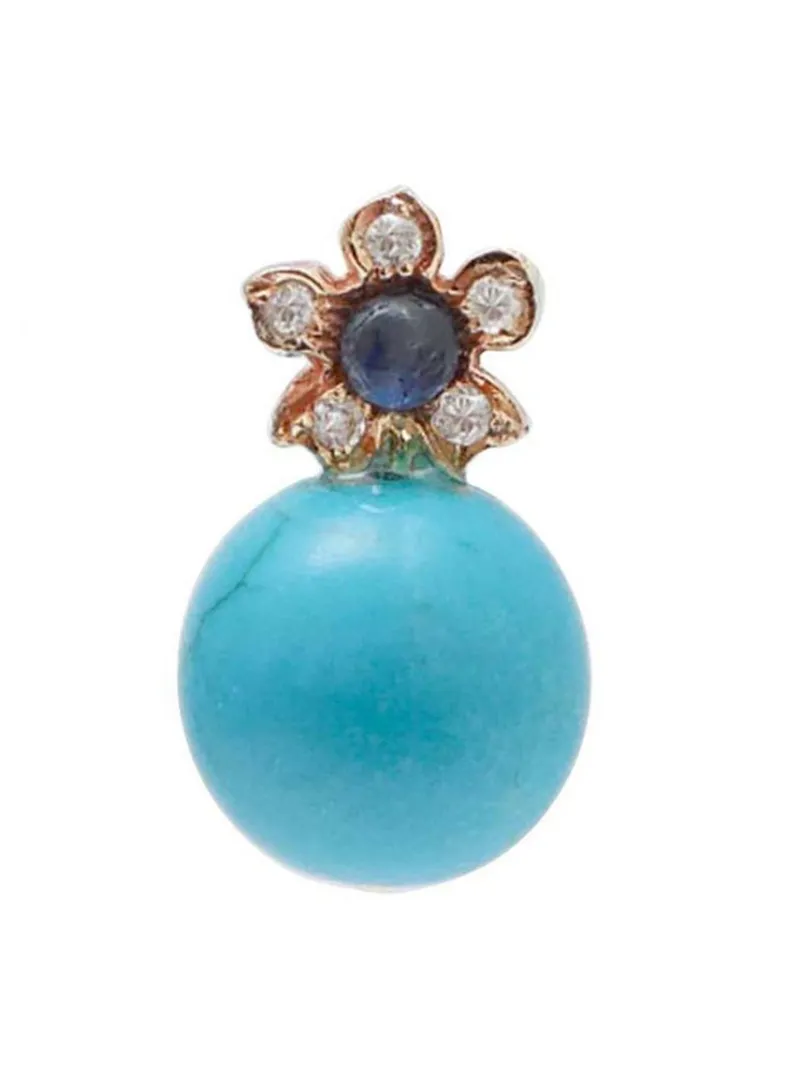 New Pamono Rose Gold Flower Earrings with Magnesite, Sapphires and Diamonds, Set of 2