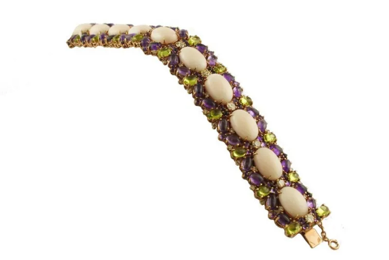 Pamono Rose Gold Link Bracelet with White Diamonds and Amethysts> Bracelets