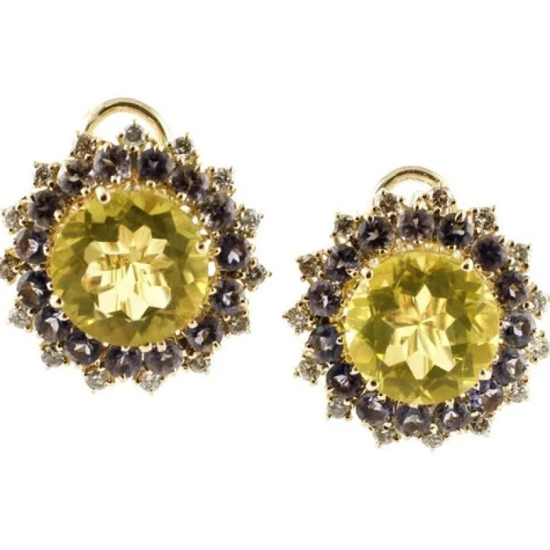 Outlet Pamono Rose Gold Stud Earrings with Diamonds, Iolite and Citrines, Set of 2