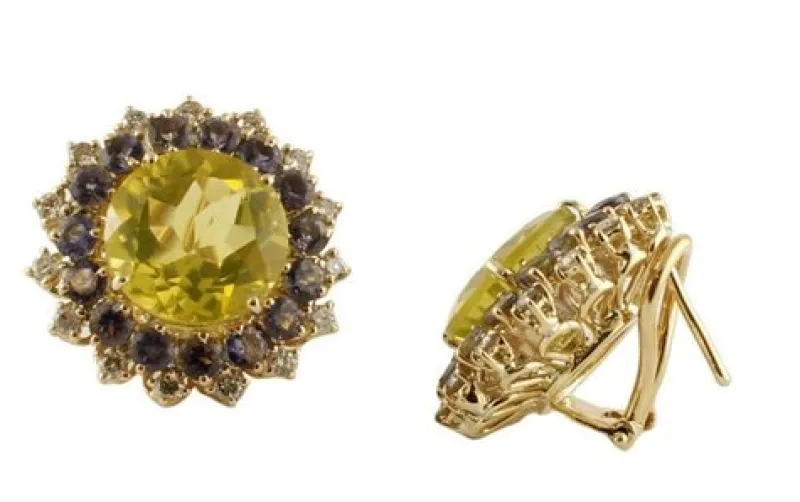 Outlet Pamono Rose Gold Stud Earrings with Diamonds, Iolite and Citrines, Set of 2