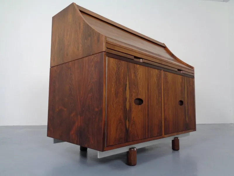 Best Pamono Rosewood and Leather Tambour Writing Desk by Gianfranco Frattini for Bernini, Italy, 1964