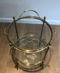 Pamono Round Brass Bar Cart from Maison Baguès, 1940s><noscript><img width=