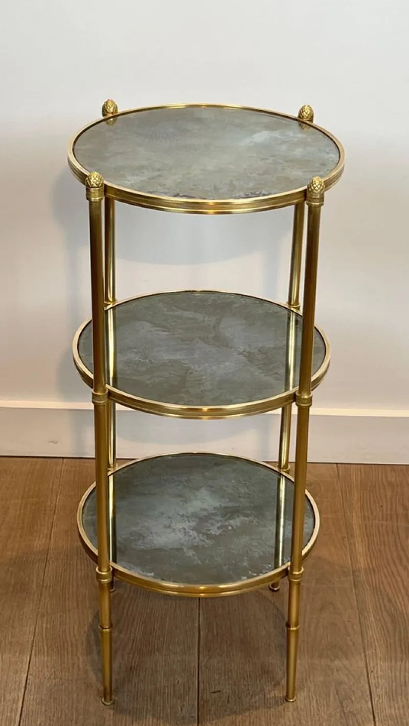 Clearance Pamono Round Bronze Sellette Table with Triple Eglomised Mirror Tops by Maison Baguès