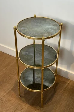 Clearance Pamono Round Bronze Sellette Table with Triple Eglomised Mirror Tops by Maison Baguès