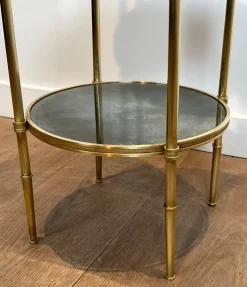 Clearance Pamono Round Bronze Sellette Table with Triple Eglomised Mirror Tops by Maison Baguès