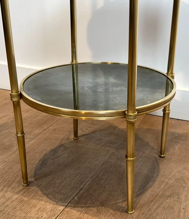 Clearance Pamono Round Bronze Sellette Table with Triple Eglomised Mirror Tops by Maison Baguès