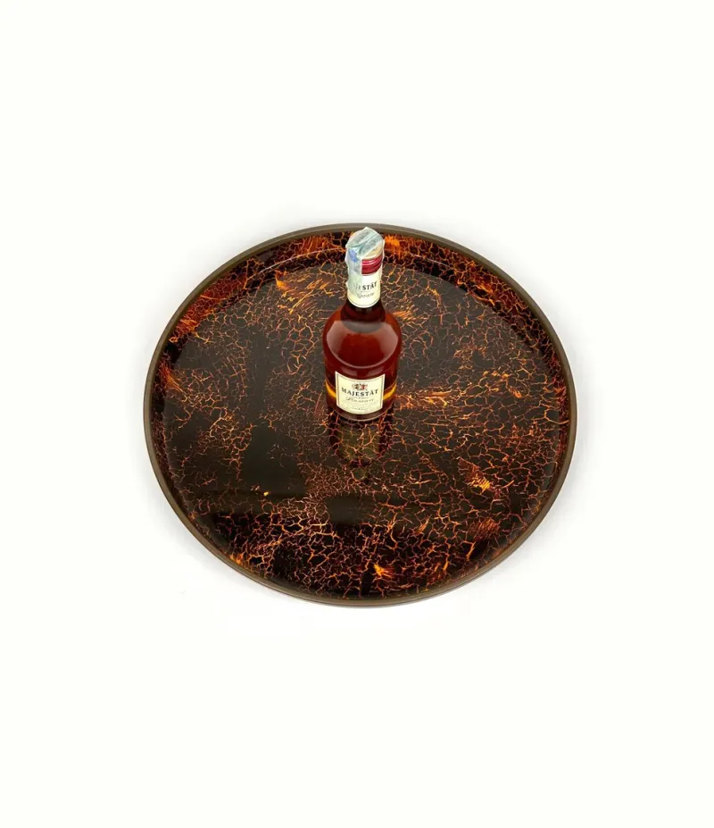 Online Pamono Round Centerpiece Serving Tray in Faux Tortoiseshell and Brass, Italy, 1970s